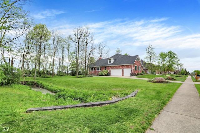view of property exterior with a lawn, brick siding, and driveway