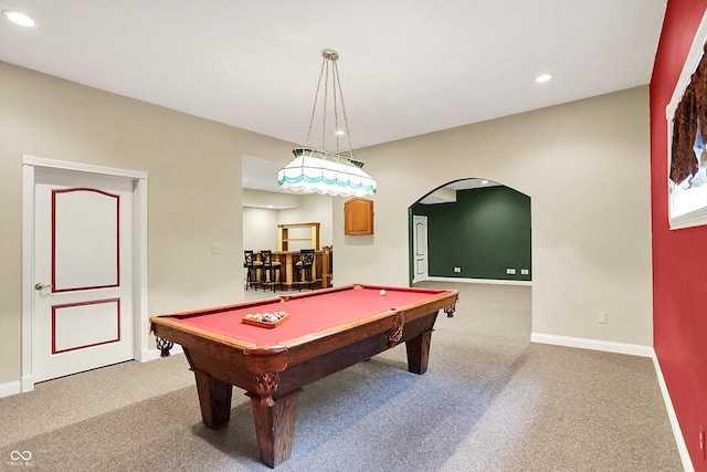 game room with arched walkways, pool table, baseboards, carpet floors, and recessed lighting