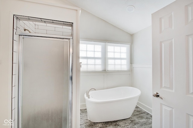 bathroom with plus walk in shower and lofted ceiling