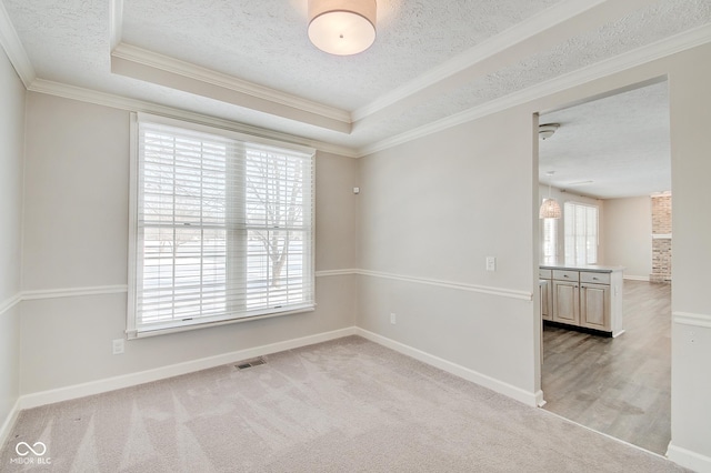 carpeted empty room with a textured ceiling, a tray ceiling, and crown molding