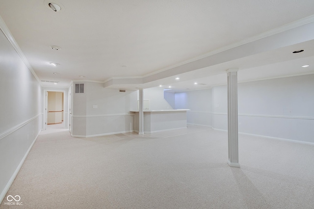 basement featuring light colored carpet and crown molding