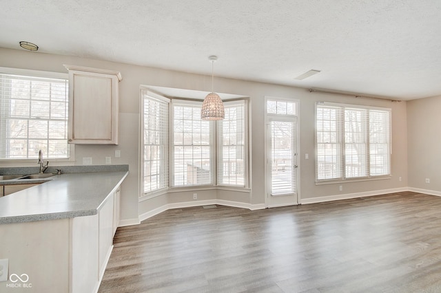 unfurnished dining area with a textured ceiling, dark wood-type flooring, and sink