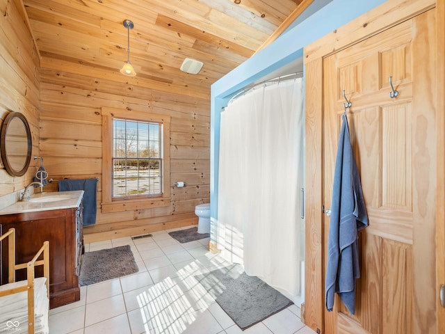 bathroom featuring wood ceiling, vanity, tile patterned floors, toilet, and wood walls