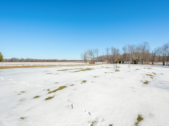 yard covered in snow featuring a rural view