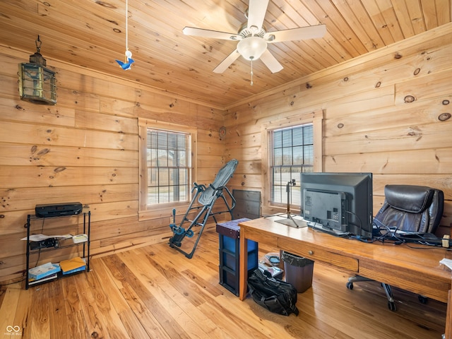 office featuring wood ceiling, light hardwood / wood-style floors, ceiling fan, and wood walls