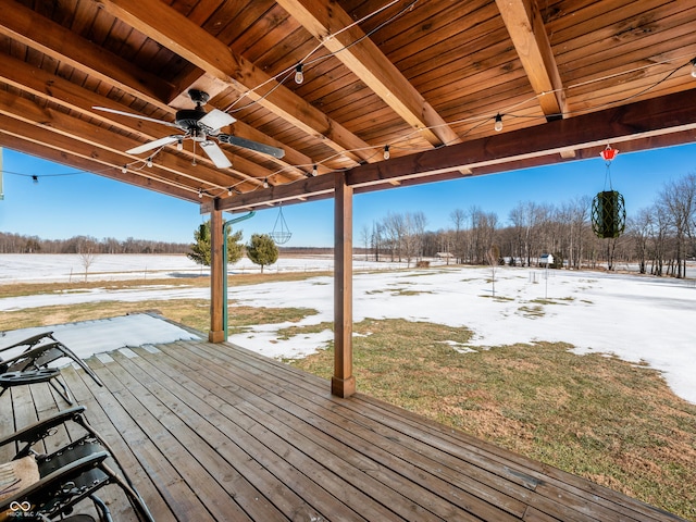 snow covered deck featuring ceiling fan