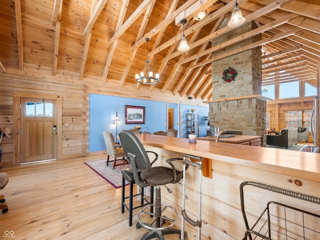 interior space with high vaulted ceiling, wooden walls, wooden ceiling, and beamed ceiling