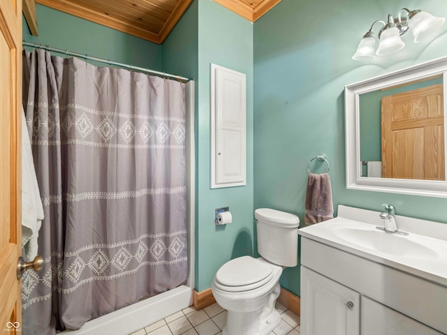 bathroom with vanity, wooden ceiling, curtained shower, tile patterned floors, and toilet