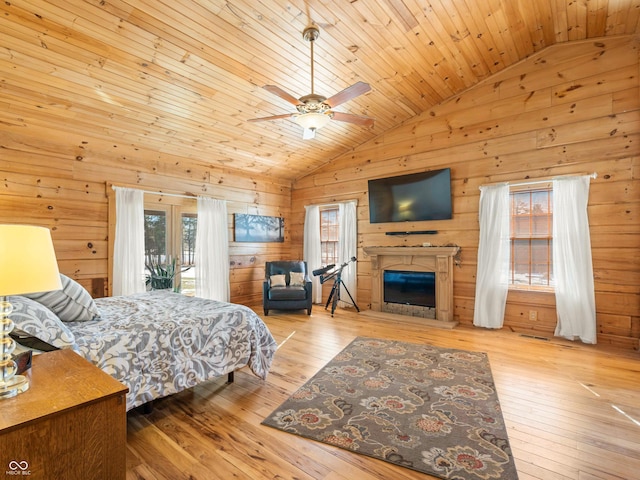 bedroom with lofted ceiling, light wood-type flooring, wood ceiling, and ceiling fan