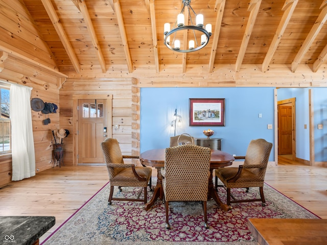 dining room with a notable chandelier, wood walls, light hardwood / wood-style floors, and wooden ceiling