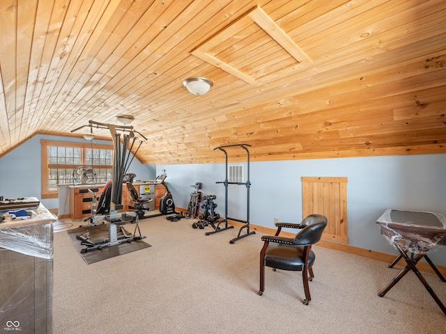 workout area with lofted ceiling, wooden ceiling, and carpet