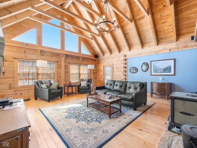 living room featuring wood walls, beam ceiling, light hardwood / wood-style flooring, and wooden ceiling