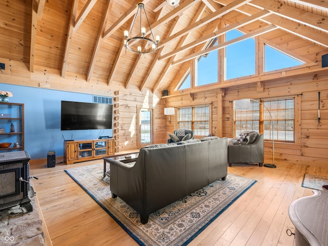 living room featuring wooden walls, beamed ceiling, a wood stove, light hardwood / wood-style floors, and wooden ceiling