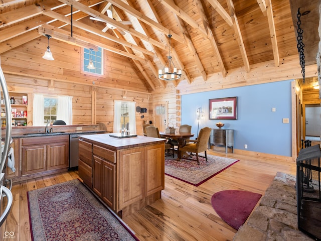 kitchen with beamed ceiling, a center island, pendant lighting, and wooden ceiling