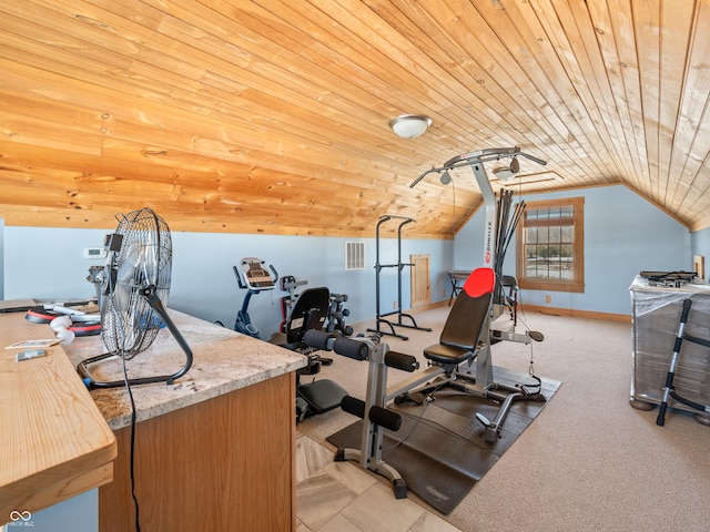 workout area with lofted ceiling, wood ceiling, and light carpet