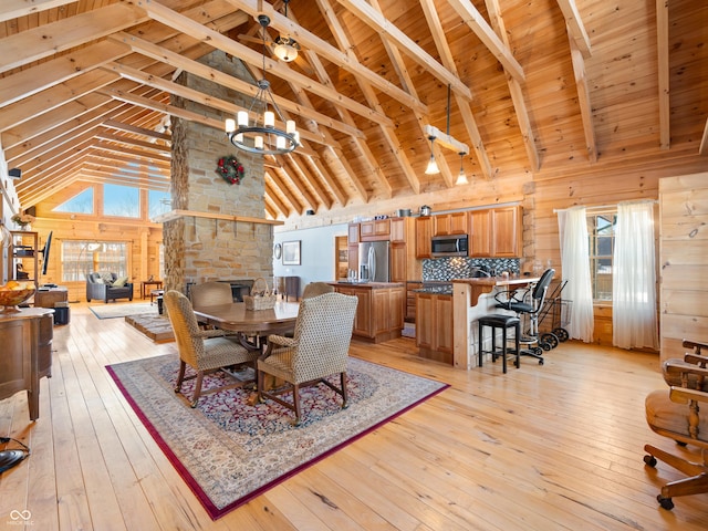 dining space with wood ceiling, high vaulted ceiling, wooden walls, beam ceiling, and light hardwood / wood-style floors