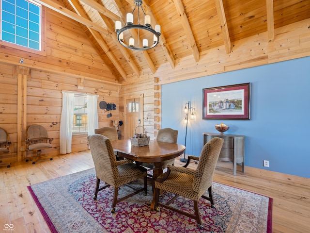 dining space with beamed ceiling, high vaulted ceiling, wood ceiling, and light hardwood / wood-style floors