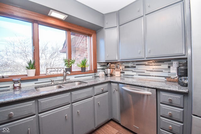 kitchen with gray cabinets, stainless steel dishwasher, and sink