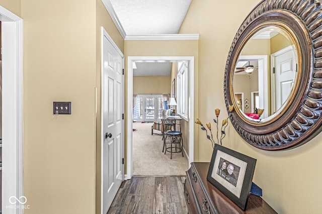 hallway featuring dark wood-type flooring, crown molding, and french doors