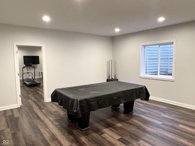 recreation room with dark hardwood / wood-style floors and pool table