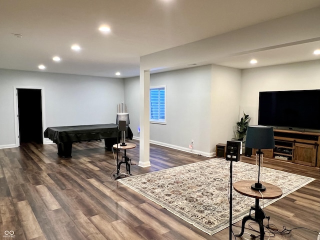 recreation room featuring dark hardwood / wood-style flooring and billiards