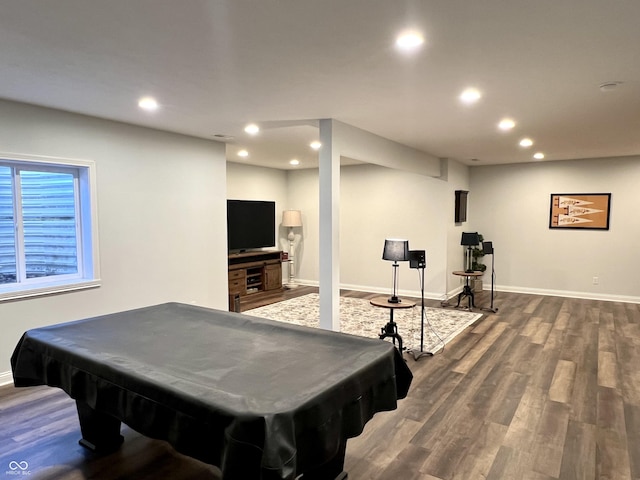 recreation room with dark hardwood / wood-style floors and billiards