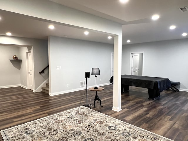 rec room featuring dark hardwood / wood-style floors and billiards