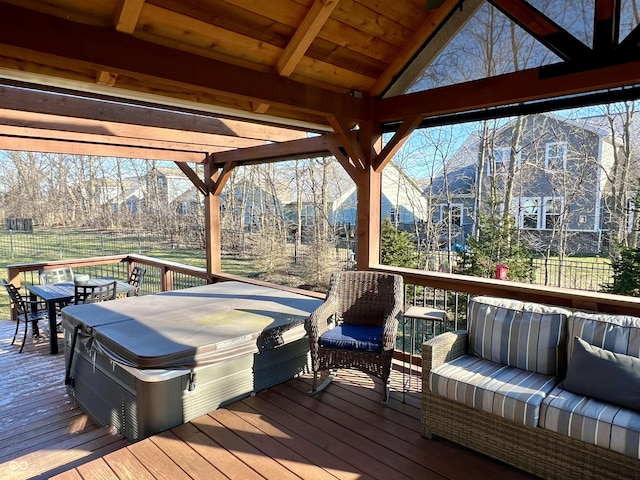 wooden deck with a mountain view