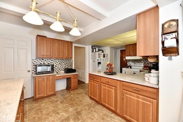 kitchen featuring white appliances, hanging light fixtures, decorative backsplash, beamed ceiling, and light stone counters