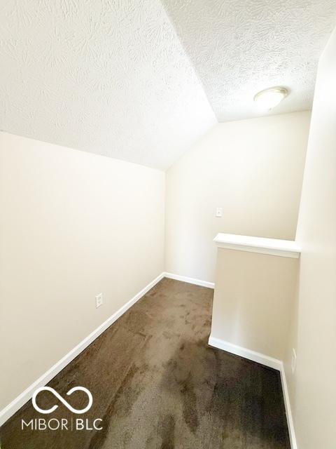 spare room with carpet, a textured ceiling, and vaulted ceiling