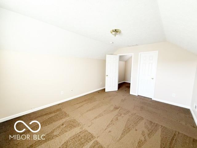 additional living space featuring lofted ceiling and carpet floors