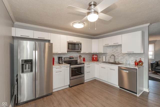 kitchen with ceiling fan, sink, stainless steel appliances, decorative backsplash, and white cabinets