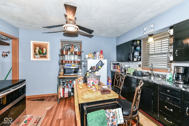 dining space with light wood-type flooring, a textured ceiling, ceiling fan, and sink