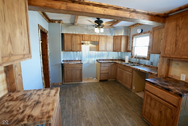 kitchen featuring beam ceiling, ceiling fan, dark hardwood / wood-style flooring, and sink