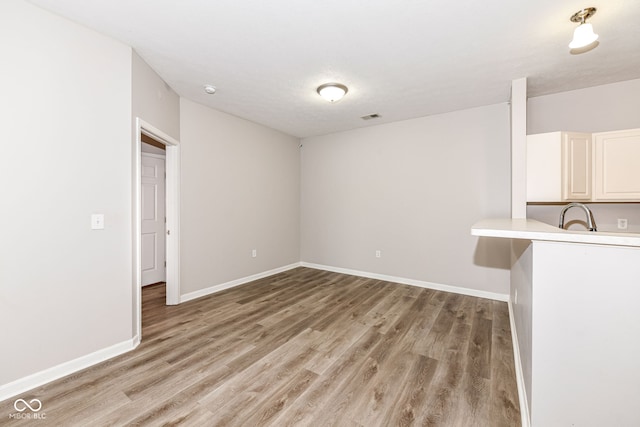 unfurnished dining area featuring sink and light hardwood / wood-style flooring