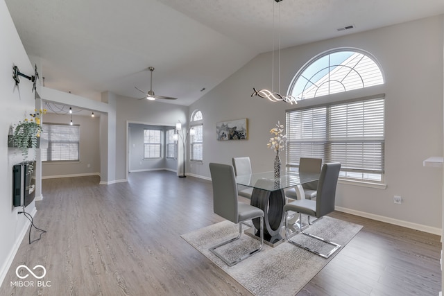 dining room featuring ceiling fan, hardwood / wood-style floors, and lofted ceiling