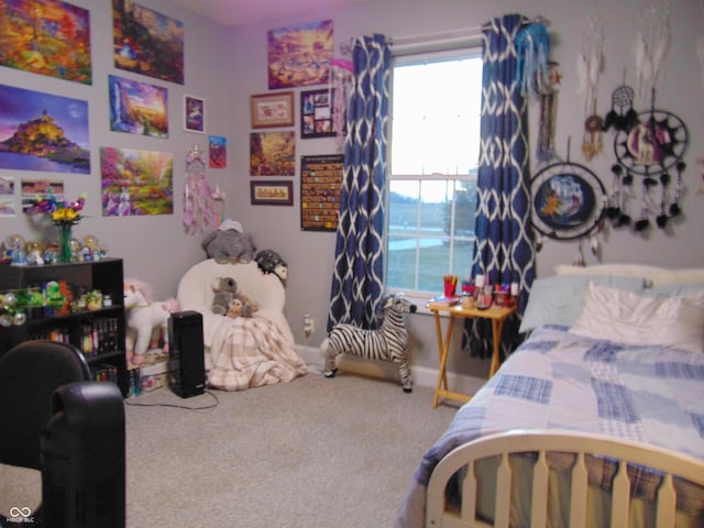 carpeted bedroom with a water view