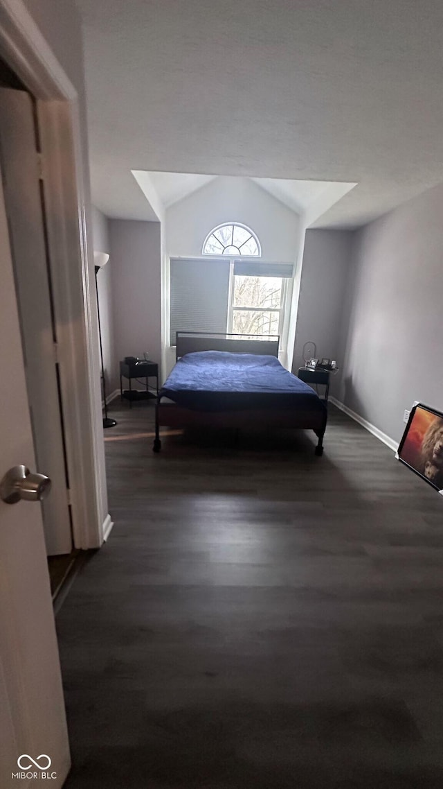 unfurnished bedroom with vaulted ceiling and dark hardwood / wood-style floors