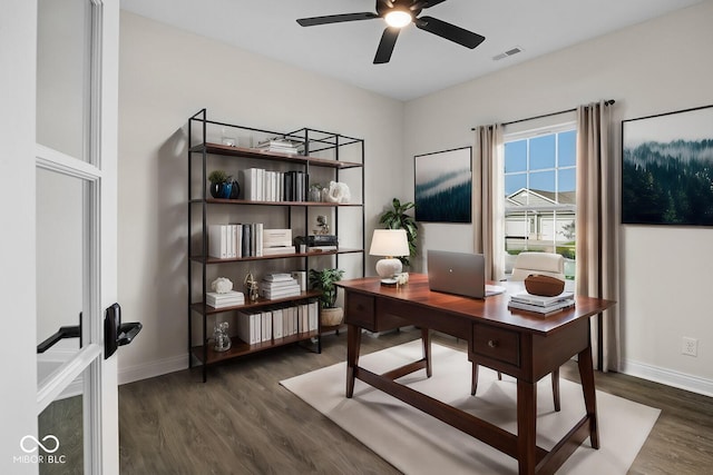 office featuring visible vents, ceiling fan, baseboards, and wood finished floors