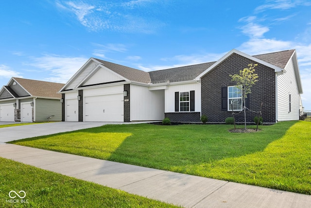 ranch-style house featuring brick siding, roof with shingles, an attached garage, driveway, and a front lawn