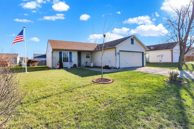 ranch-style house with a garage and a front yard