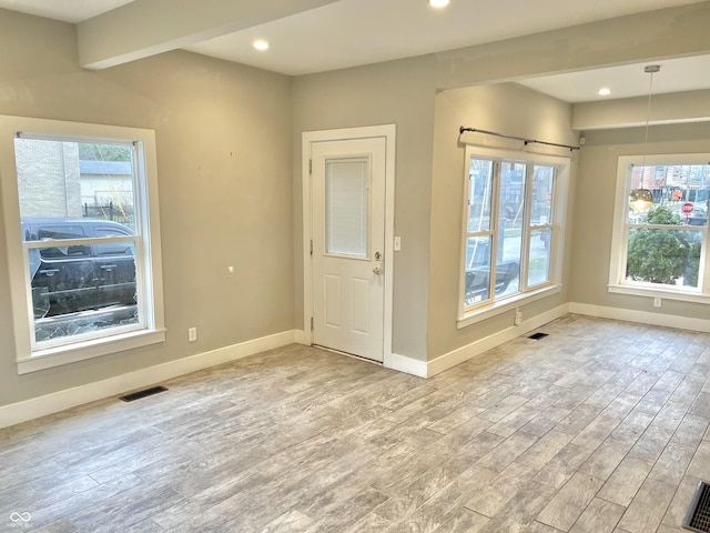 interior space with a wealth of natural light and light hardwood / wood-style floors