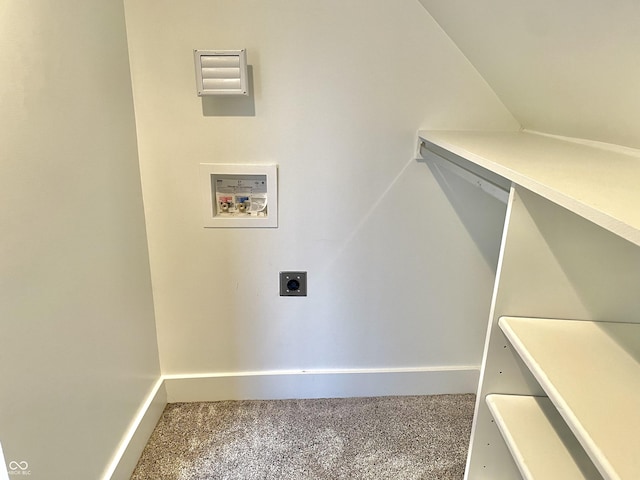 laundry area featuring carpet floors, hookup for a washing machine, and hookup for an electric dryer