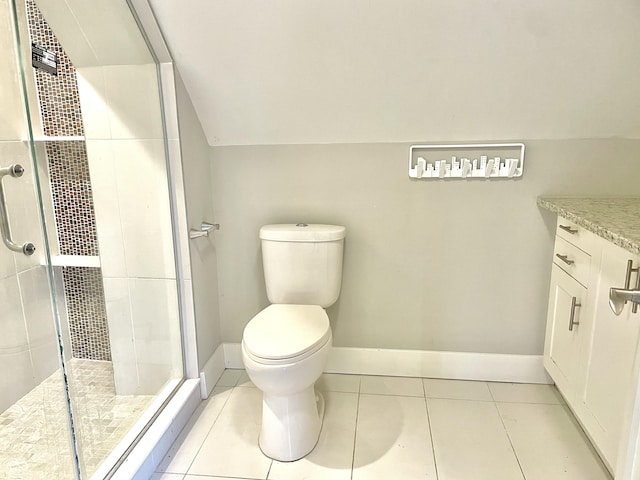 bathroom featuring toilet, vanity, tile patterned flooring, lofted ceiling, and a shower with door