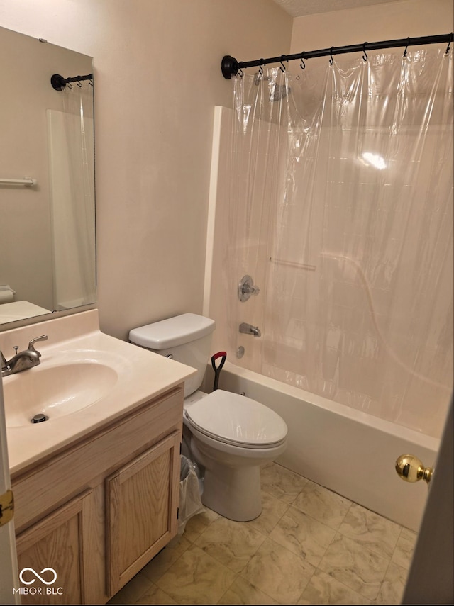 full bathroom featuring vanity, shower / bath combination with curtain, and toilet