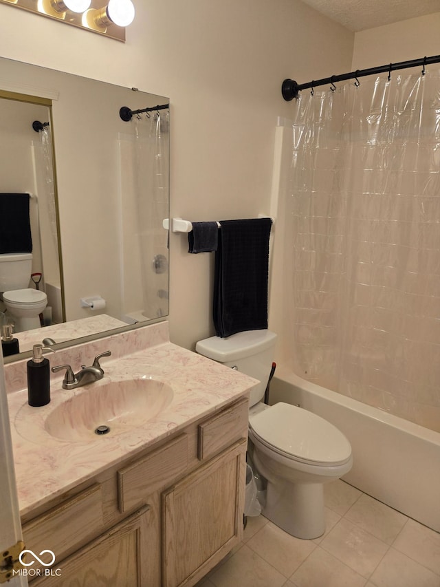 full bathroom with tile patterned flooring, vanity, toilet, and shower / bathtub combination with curtain