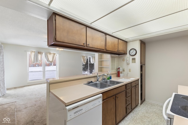 kitchen featuring white dishwasher, sink, light carpet, and stove