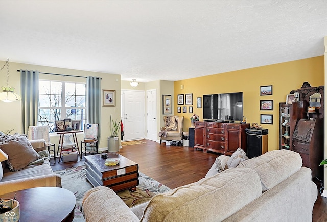 living room with a textured ceiling and dark hardwood / wood-style floors