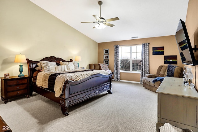 bedroom featuring light carpet, ceiling fan, and lofted ceiling