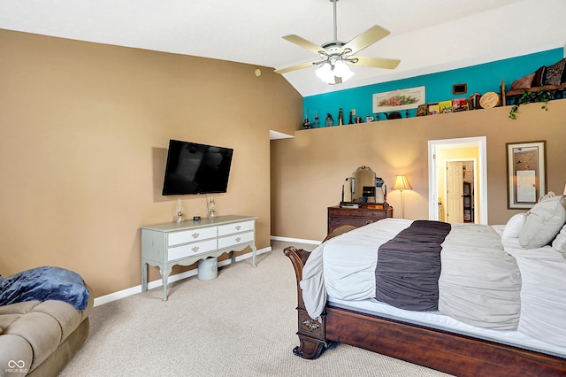 carpeted bedroom featuring ceiling fan and lofted ceiling